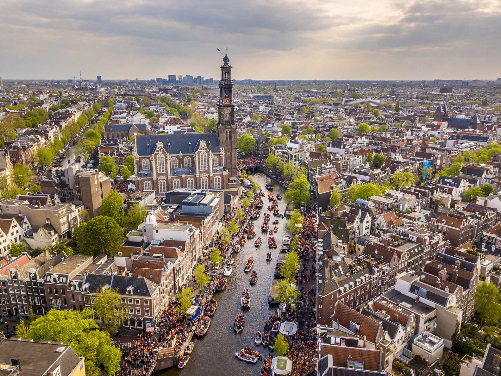 Cityscape of Amsterdam highlighting historic buildings and waterways